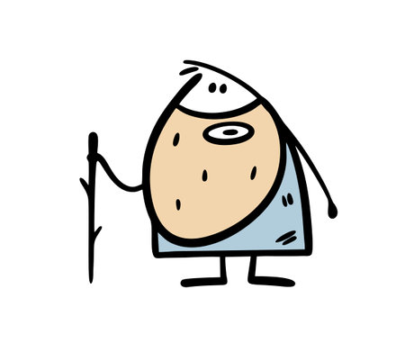 Beggar old man with a big long beard and a stick came out of the forest. Vector illustration of a lonely wanderer lost in the thicket. Doodle cartoon stick man character isolated.のイラスト素材