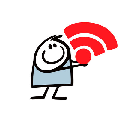 Friendly stickman holds a wifi sign in his hands. Vector illustration of the Internet and new technologies. Cartoon stick man character isolated on white background.のイラスト素材
