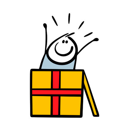 Cartoon happy stick figure boyjumps out of a gift box for a holiday. Vector illustration of an unexpected birthday surprise. Funny doodle man isolated on white background.のイラスト素材