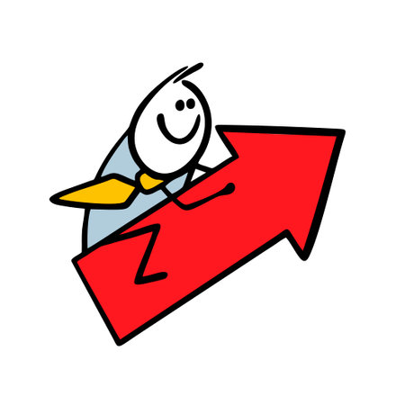 Businessman in a suit and tie sits astride a red arrow and rushes to his goal. Vector illustration of the desire for prosperity and financial success in business. Funny doodle character isolated.のイラスト素材
