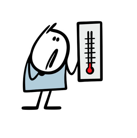 Sad cartoon man holds a large thermometer and looks at the low temperature. Vector illustration of a stickman frozen with a thermometer in his hand. Person isolated on white background.のイラスト素材