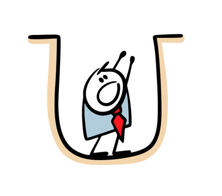 Unhappy man in a business suit is sitting in a pit and pulling his hands up. Vector illustration of the concept of a failed business and a debt pit. Cute person isolated on white background.のイラスト素材