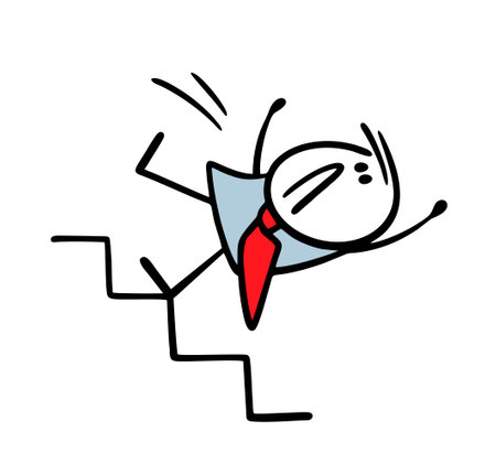 Cartoon unfortunate businessman slipped on the stairs and falls down. Vector illustration of a stickman man walking up the steps to success. Cute person isolated on white background.のイラスト素材
