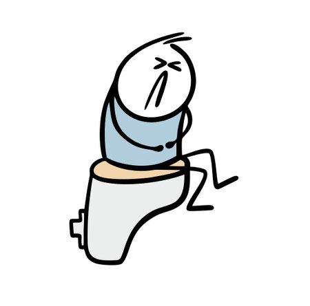 Man closed his eyes, bent over, grabbed his stomach and sits on the toilet in the toilet stall. Vector illustration of an unfortunate stickman with abdominal pain and diarrhea. Cute poor character.のイラスト素材