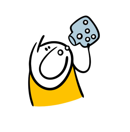 Stupid man holds a jar of pills and pours the medicine into his open mouth. Vector illustration of a sick stickman in the hospital, taking care of his health. Doodle character isolated on white.のイラスト素材