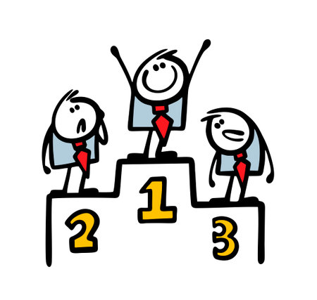Doodle winner and the loser businessman stands on a sports podium after a business competition. Vector illustration of office employees and career success. Funny person on white background.のイラスト素材