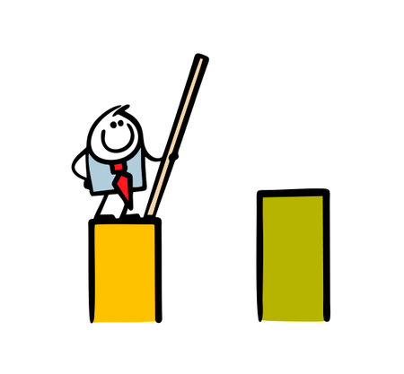 Businessman in business suit and tie stands at the edge of the abyss and holds a board. Vector illustration of a homemade bridge for work and success. Caricature character isolated on white background.のイラスト素材
