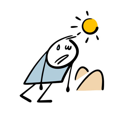 Tired stickman wanders through the desert, dying of thirst without strength. Vector illustration of an unfortunate traveler under the scorching sun, sweating. Caricature character isolated on white.のイラスト素材