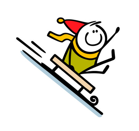 Happy child in a warm jacket, hat and scarf quickly slides down the slide on a sled. Vector illustration of winter entertainment for children and adults. Isolated character on white background.のイラスト素材