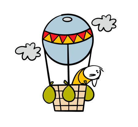 Cartoon frightened stickman is flying high in the sky in balloon and looks down in confusion. Vector illustration of air travel on an old aircraft. Funny person isolated on white background.のイラスト素材