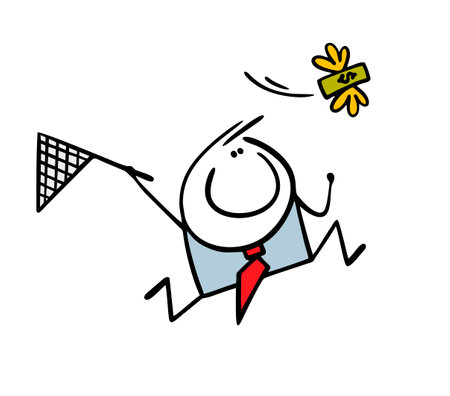 Funny businessman runs with a net and catches flying dollar with wings. Vector business concept illustration of stickman and money succeeds in work. Doodle person isolated on white background.のイラスト素材