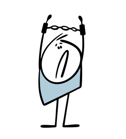 Unfortunate stickman, handcuffed, asks to be released from captivity. Psychological boundaries do not allow person to develop. Vector illustration of repentant criminal. Isolated cartoon on white.のイラスト素材