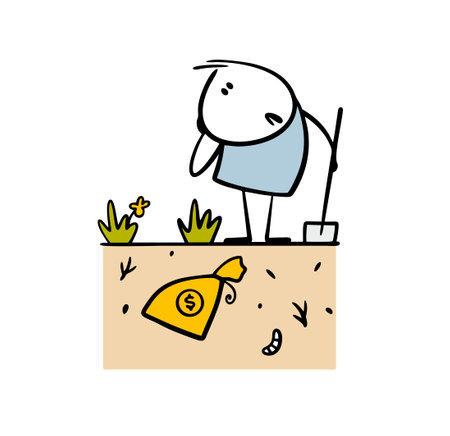 Confused cartoon stickman stands over bag of money with shovel and does not know where to look and dig. Vector illustration of ancient treasure buried in ground and the loser forgot the place.のイラスト素材