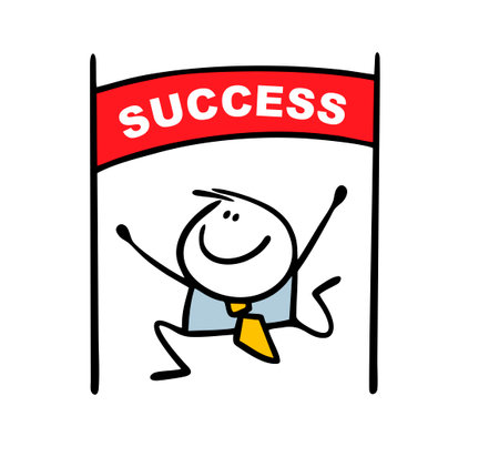 Successful businessman achieved success, ran first to the finish line. Vector illustration of a financial race and a cartoon stickman of an office worker. Funny character isolated on white background.のイラスト素材