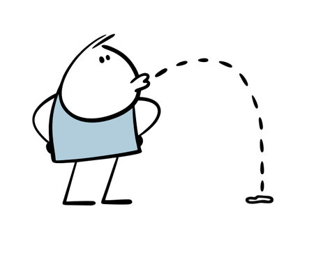 Sloppy teenager walks on the street and spits on the asphalt. Vector illustration of cheeky stickman. Cartoon man aims with spit and hits the target. Isolated dirt on white background.のイラスト素材