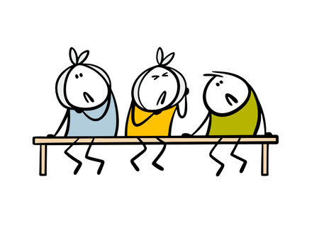 Queue at dentist office. Vector illustration of stickman with bandage and toothache sitting on bench waiting for doctor. Children have problem with teeth, cheeks are swollen. Isolated on white.のイラスト素材