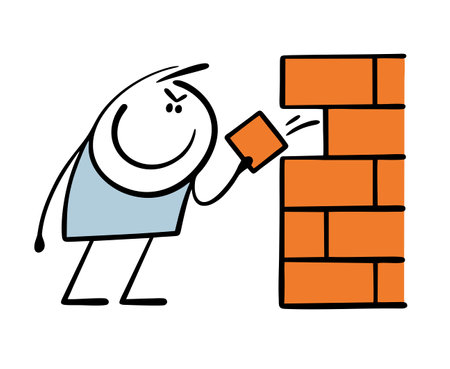 Harmful stickman pulls bricks out of the building wall. Vector illustration of a cunning man causing problems for competitors. Break down the house. Isolated cartoon caricature on white background.のイラスト素材