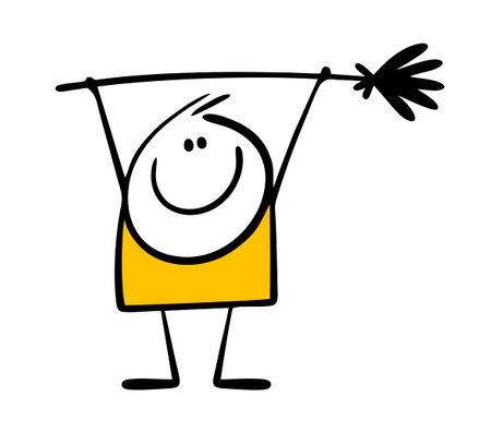 Satisfied and happy stickman cleaner held the broom high after cleaning. Vector illustration of man who has done his job. Cleanliness and order in house and on the street.のイラスト素材
