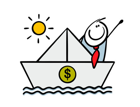 Self-confident businessman on paper boat sails through the waves to success. Vector illustration of the concept of aspiration in business. Dollar sign, financial well-being.のイラスト素材
