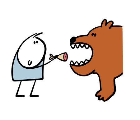 Cute little boy feeds a huge bear at the zoo Vector illustration of wild animal and child stickman. Pet eats meat for dinner.のイラスト素材