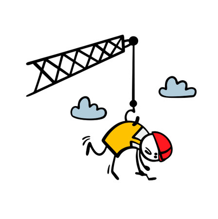 Careless builder got into an awkward situation. Crane hooked worker by his uniform and lifted him into the sky. Stickman in red helmet dangles high in air. Isolated vector cartoon on white.のイラスト素材