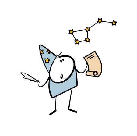 Ancient scientist in a blue hat holds feather pen and piece of paper, watching the stars. Vector illustration of constellation Ursa major in the sky. Isolated cartoon stickman on white background.のイラスト素材
