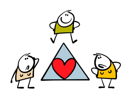 Love triangle, two women and man. Vector illustration of the relationship between people. Wife and lover argue and hate each other. Isolated funny people on white background.のイラスト素材