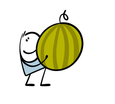 Satisfied cartoon character holds a huge striped watermelon in his hands. Vector illustration of a successful farmer who has harvested a crop. Stickman collects fruits and berries from the garden.のイラスト素材