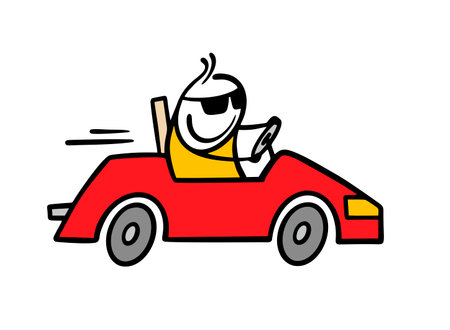 Self-confident rich man is driving a red racing car and speeding. Vector illustration of an expensive car and a happy stickman driving with sunglasses. High speed.のイラスト素材