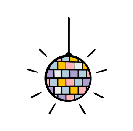 Mirror ball hangs from the ceiling in a disco club and creates a festive atmosphere. People are dancing and having fun. Vector illustration of retro devices for lighting effects. Sparkles glass.のイラスト素材