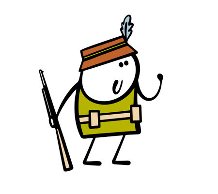 Hunter in retro suit and hat with feather holds gun and tracks wild animals in the forest. Vector illustration of character with belt and ammunition and hobby of hunting.のイラスト素材
