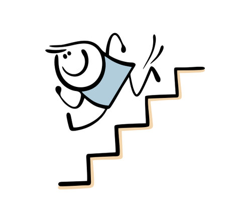 Reckless stickman runs merrily down stairs. Vector illustration of doodle child jumping up the stairs, in hurry. Isolated funny character on white background.のイラスト素材