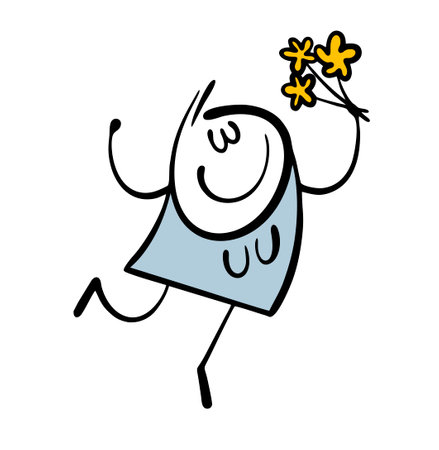 Young woman flying with happiness. Vector illustration of a man in love giving a girl a bouquet of flowers on Valentine day. Isolated funny character on white background.のイラスト素材