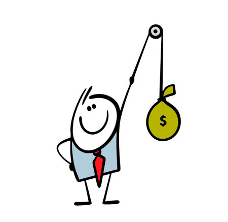 Satisfied businessman pulls on a rope, picks up a bag of money. Vector illustration of physics and simple mechanism. Isolated cartoon character on white background.のイラスト素材