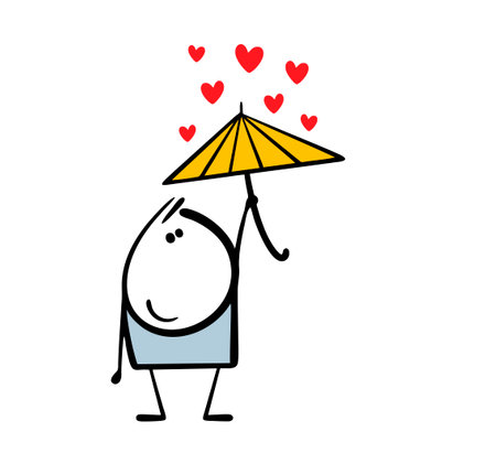 Hearts are falling from the sky. Vector illustration of stickman holding up an umbrella and shutting himself out of love. Isolated cartoon man on white background.のイラスト素材