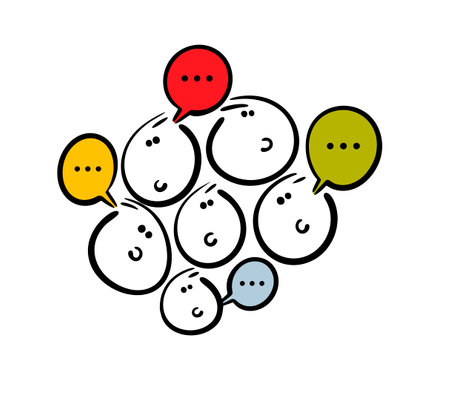 Lots of heads and text bubbles. Vector illustration of people in a crowd talking, arguing, sending messages, expressing opinions. Cartoon funny characters isolated on white background.のイラスト素材