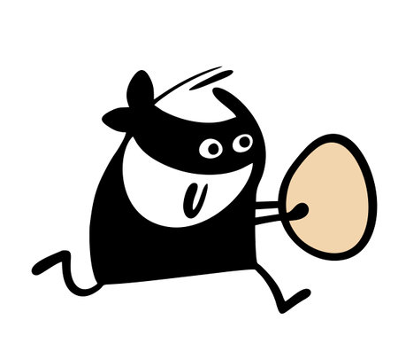 Robber in a black mask stole an egg. Vector illustration of a man running away from his pursuers. Easter hunting, a holiday tradition. Cartoon isolated stickman on white background.のイラスト素材