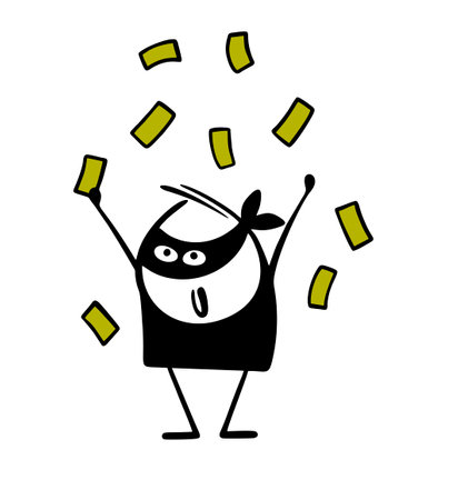 Thief throws the bills around in delight. Vector illustration of a successful criminal, money flying from the sky. Isolated cartoon character on white background.のイラスト素材