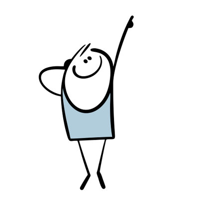 Enthusiastic stickman looks up, points his finger. Vector illustration of a man draws attention to important information. Cartoon doodle character isolated on white background.のイラスト素材