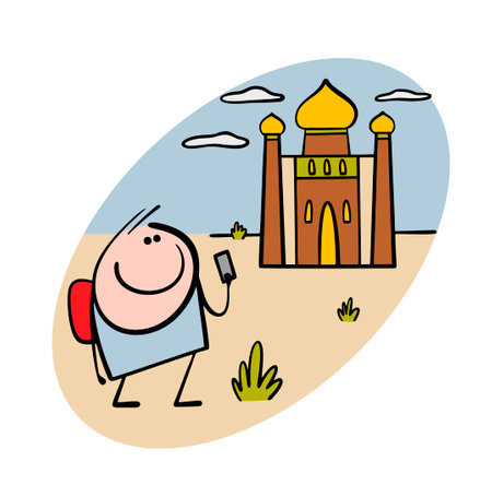 Doodle stickman traveler has come to India and is photographing a temple. Vector illustration of a photo on a smartphone. Desert, plants and cartoon tourist, church.のイラスト素材