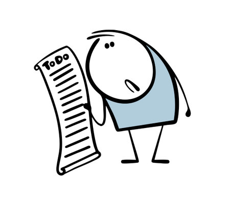 Cartoon sad man looks at his to-do list in confusion. Vector illustration of a lot of assignments, employee day planning in the office, self-monitoring.のイラスト素材