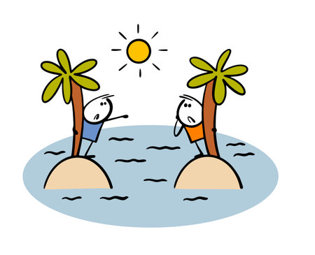 Funny cartoon stickman is holding onto a palm tree on a desert island in the middle of the ocean, screaming loudly, calling for help. Vector illustration of a man in trouble.のイラスト素材