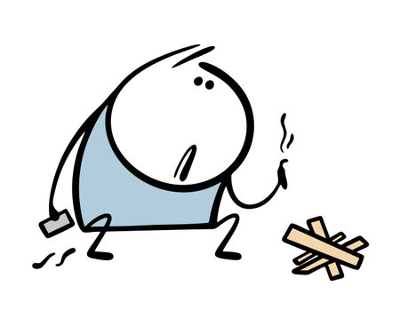 Cartoon confused character is squatting in front of the firewood and trying to light a campfire. Vector illustration of a teenager bullying, matches and wooden sticks.のイラスト素材