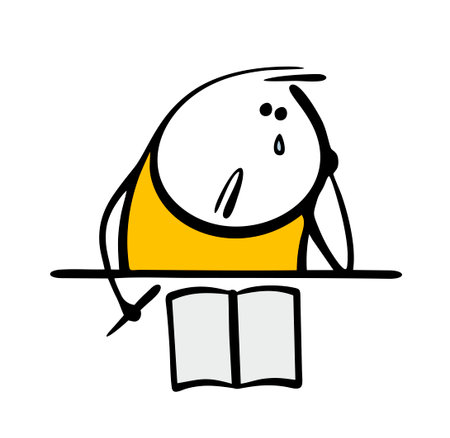 Sad child sits over a notebook and does his homework. Vector illustration of a math lesson at school, a student solves problem, cries, suffers. Cartoon stickman is writing an essay.のイラスト素材