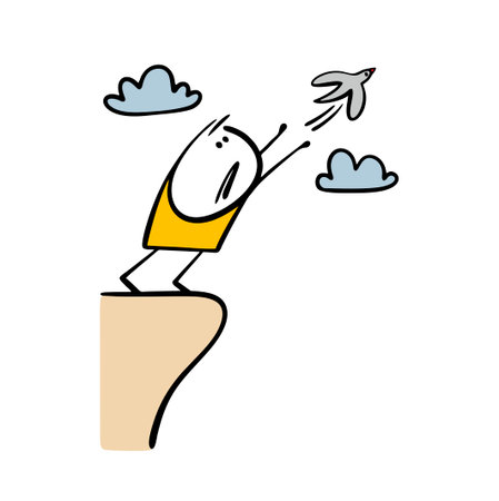 Funny cartoon stickman stands on the edge of a cliff and stretches his arms towards a bird in the sky. Vector illustration of a carrier pigeon flying into the clouds, a man suffers and hopes.のイラスト素材