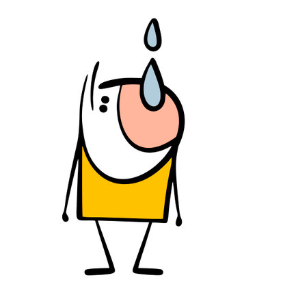 Stickman suffers from thirst, opened his mouth and exposed the drops of water. Vector illustration of rain and funny boy drinking liquid.のイラスト素材