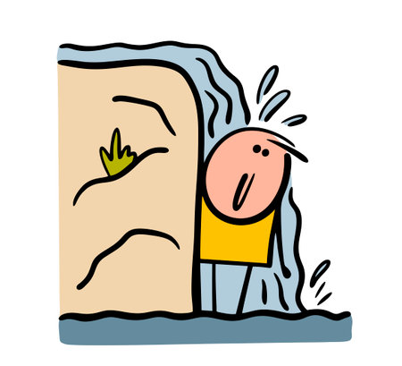 On hot day, stickman escapes from heat and sun in waterfall. Vector illustration of cool water falling on top of head, person cools down, wet character enjoys. Drops and splashes are flying.のイラスト素材