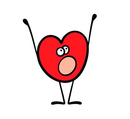 Cute red cartoon heart raised its hands in panic. Vector illustration of crazy funny character screaming for help. Doodle broken body organ,のイラスト素材