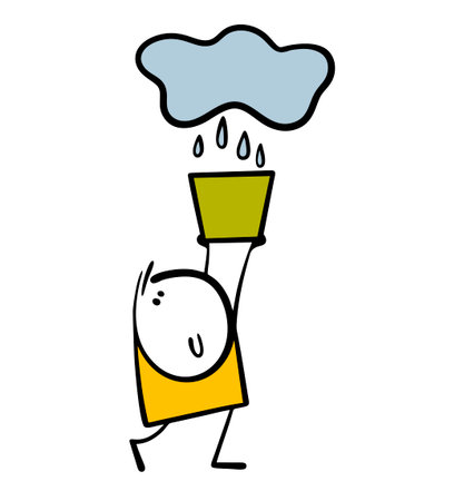 Funny stickman suffers from thirst, stretches his arms to the sky. Vector illustration of a boy holding a bucket and collecting rainwater. Cartoon environmentally friendly liquid from cloud.のイラスト素材
