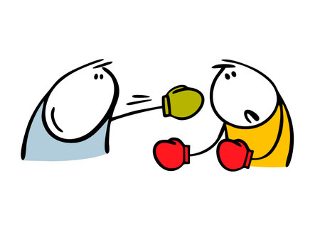 Two athletes wearing boxing gloves are fighting in the ring. Vector illustration of a boxer punching an opponent in the face. Cartoon boxing competitions. Knockdown and victory.のイラスト素材